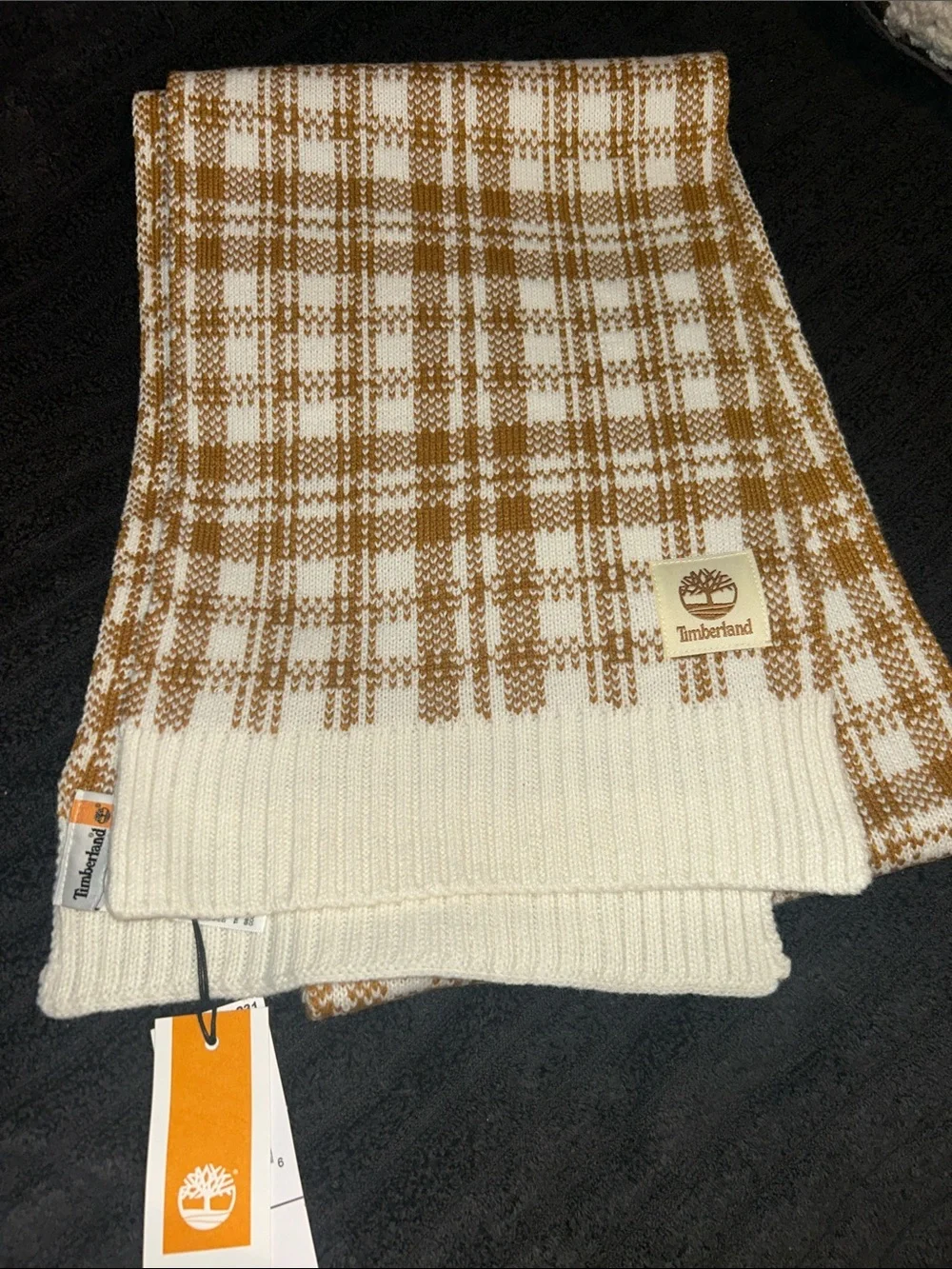 Timberland Cream and Brown Plaid Knit Scarf